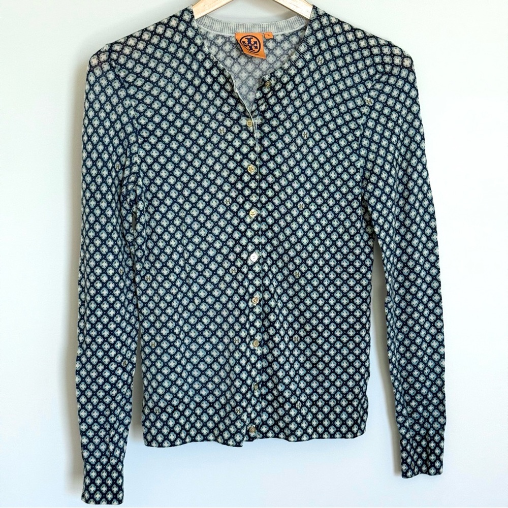 Tory Burch Blue Geometric Pattern Merino Wool Cardigan Size Medium
